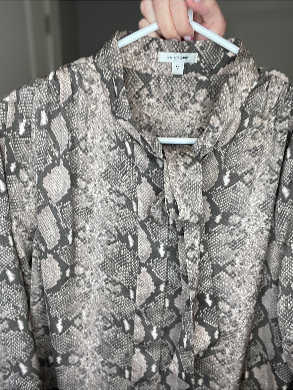 Stella & Dot Taupe and Brown Snake-Print Tie-Neck Blouse - Picture 4 of 16